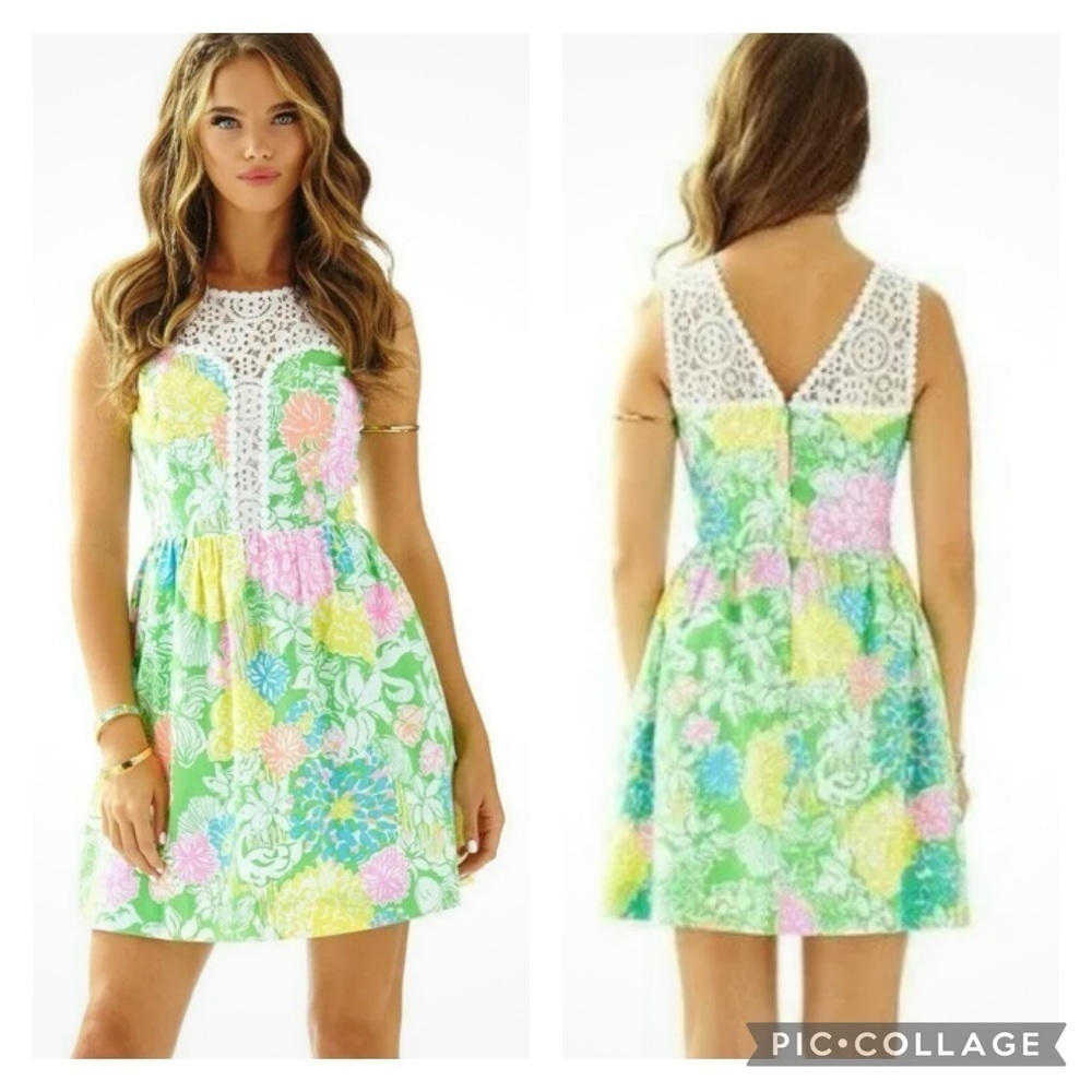 Lilly Pulitzer Pastel Floral Mini Dress with White Lace Yoke
